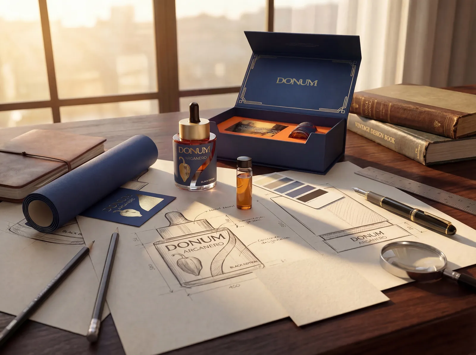 Development drawings, colour samples and the finished flacon on an atelier desk
